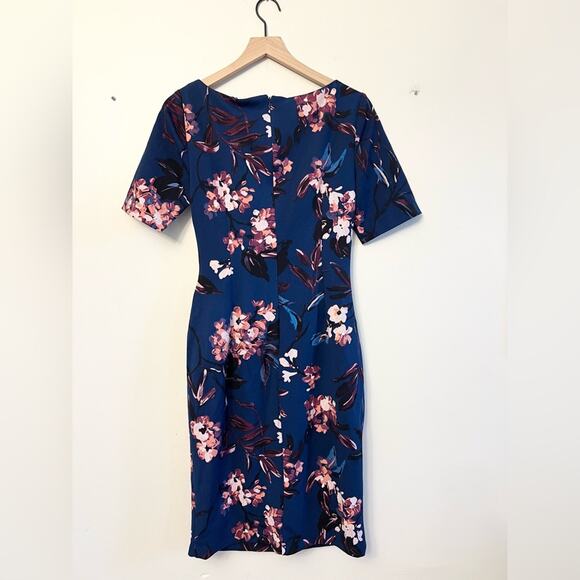 Adrianna Papell NWT blue floral short sleeve dress wedding guest office ruched - Picture 7 of 9